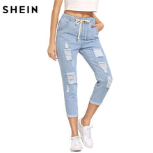 Load image into Gallery viewer, SHEIN Women Summer Pants Casual Trousers for Ladies Blue Ripped Mid Waist Drawstring Skinny Denim Calf Length Jeans - Agribi Fashion
