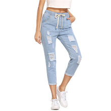 Load image into Gallery viewer, SHEIN Women Summer Pants Casual Trousers for Ladies Blue Ripped Mid Waist Drawstring Skinny Denim Calf Length Jeans - Agribi Fashion