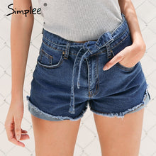 Load image into Gallery viewer, Simplee Denim shorts women buttons Elastic bow fringe blue high waist shorts Casual 2017 pockets sexy mini short jeans shorts - Agribi Fashion