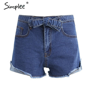 Simplee Denim shorts women buttons Elastic bow fringe blue high waist shorts Casual 2017 pockets sexy mini short jeans shorts - Agribi Fashion