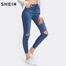 Load image into Gallery viewer, SHEIN Mid Waist Casual Jeans Woman Blue Jeans Button Fly for Women Zipper Fly Pearl Beading Destroyed Cut Hem Skinny Jeans - Agribi Fashion