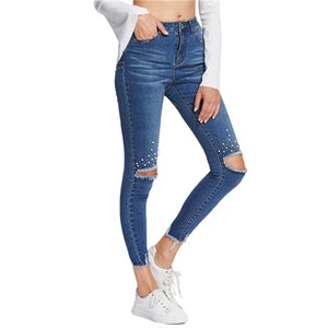 SHEIN Mid Waist Casual Jeans Woman Blue Jeans Button Fly for Women Zipper Fly Pearl Beading Destroyed Cut Hem Skinny Jeans - Agribi Fashion
