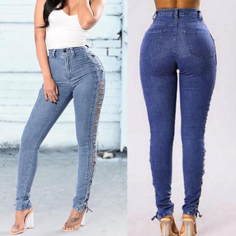Women Lace Up Jeans High Waist Elastic Slim Bandage Side Stripe Jeans Denim pants - Agribi Fashion