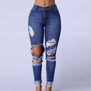 New Sexy Women Ripped Jeans High Waist Holes Functional Pockets Destroyed Skinny Jeans Blue - Agribi Fashion