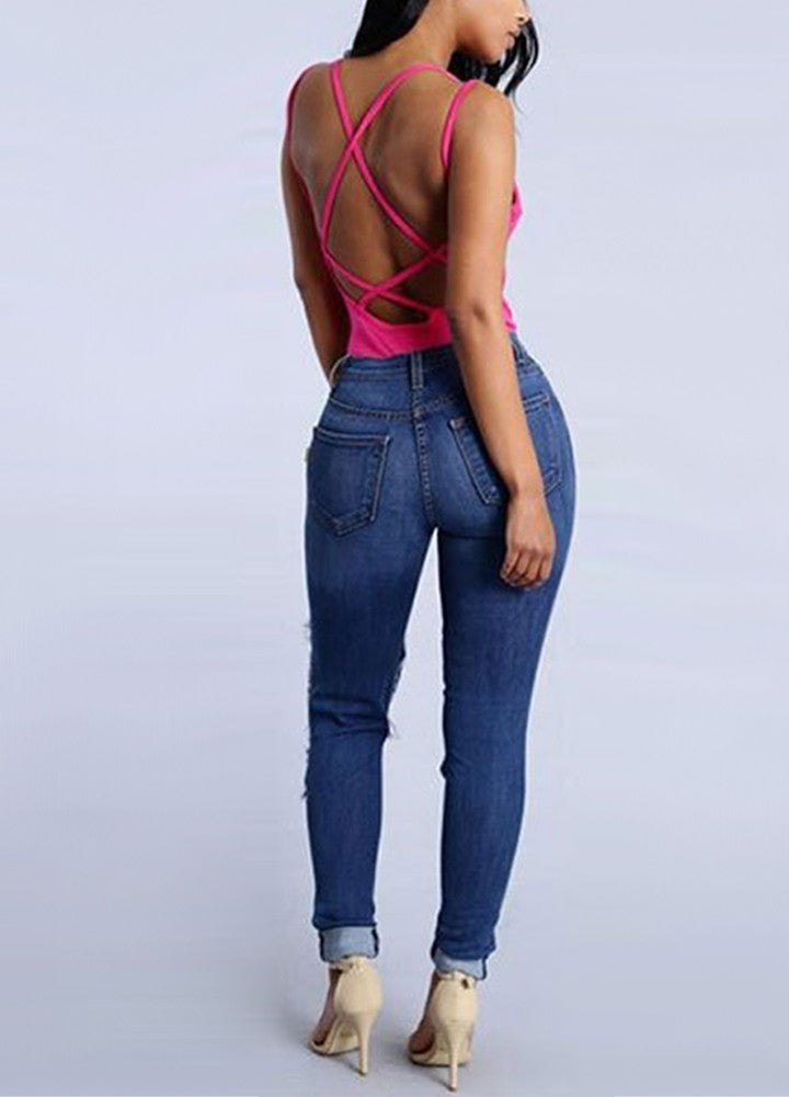 New Sexy Women Ripped Jeans High Waist Holes Functional Pockets Destroyed Skinny Jeans Blue - Agribi Fashion