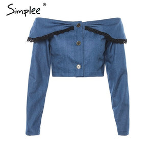 Simplee Off shoulder lace hem crop tops women casual chic denim blouse Sexy slash neck jeans top tees casual streetwear tops - Agribi Fashion