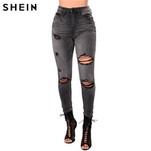 Load image into Gallery viewer, SHEIN Grey Shredded High Waist Jeans Ripped Jeans For Women 2019 Spring High Street Casual Pencil Pants High Waisted Jeans - Agribi Fashion