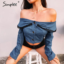 Load image into Gallery viewer, Simplee Off shoulder lace hem crop tops women casual chic denim blouse Sexy slash neck jeans top tees casual streetwear tops - Agribi Fashion