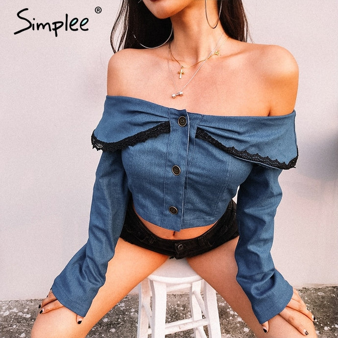 Simplee Off shoulder lace hem crop tops women casual chic denim blouse Sexy slash neck jeans top tees casual streetwear tops - Agribi Fashion